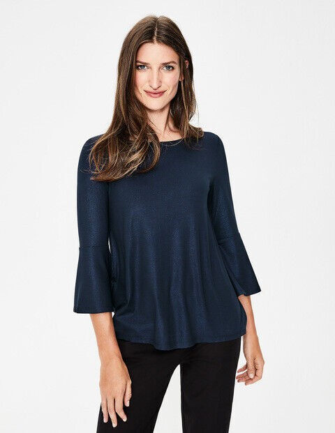 BODEN TESS METALLIC GLITTER FLUTED SLEEVE JERSEY TOP NAVY BRAND NEW J0319 T14