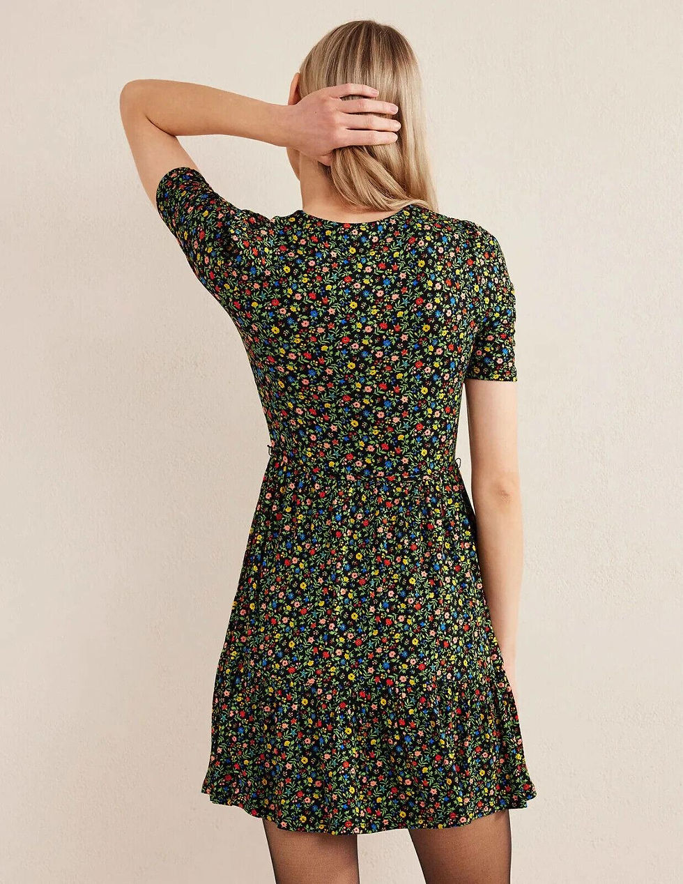 Thumbnail: Boden Ruched Bust Jersey Mini Dress Black Petal Foliage Uk 10P Brand New D28
