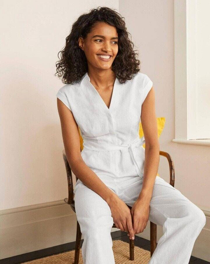 Thumbnail: Boden Catriona Linen Jumpsuit White Size Uk 16R Brand New T0780 P1