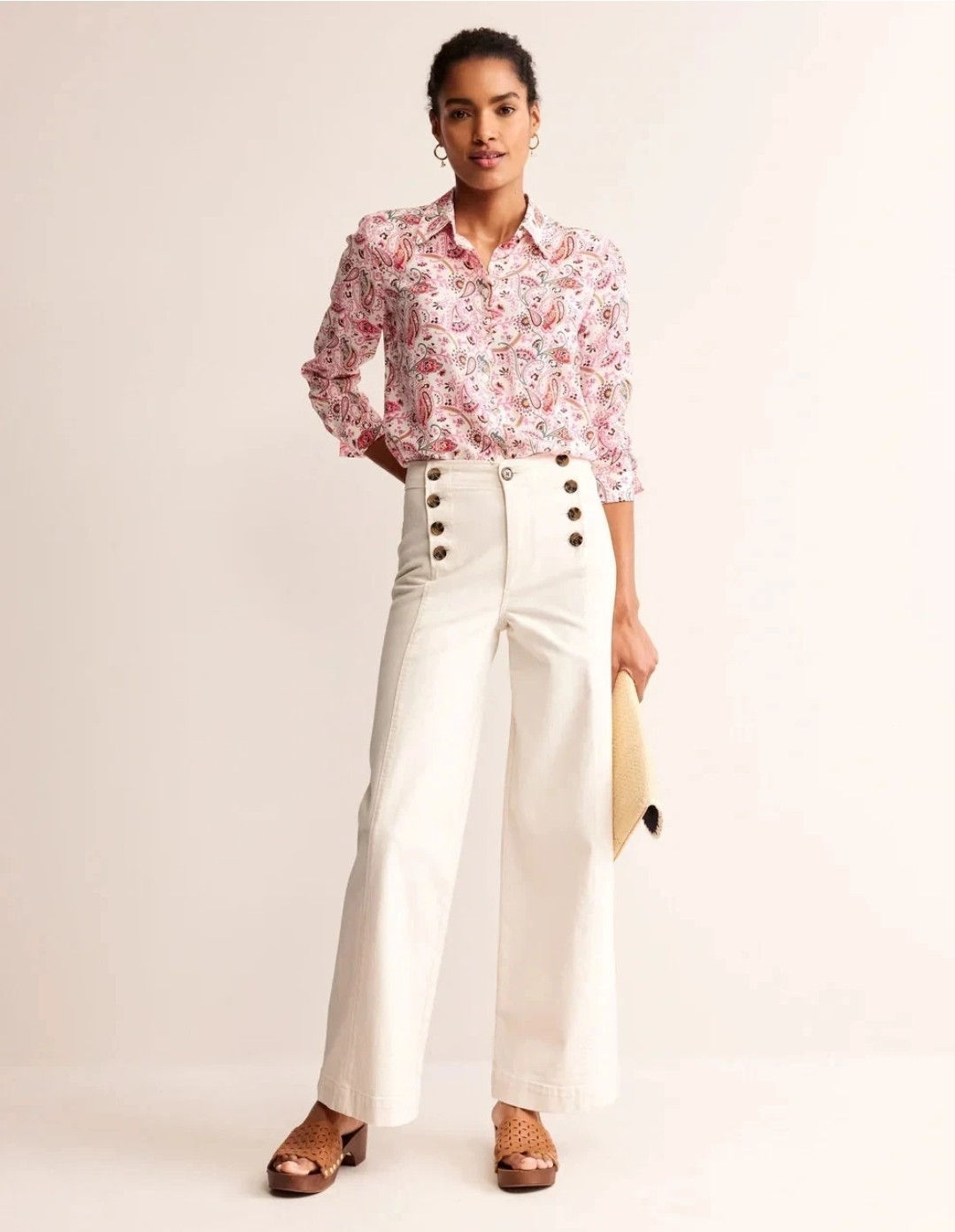 Boden Sailor Wide Leg Trousers Jeans Ecru Cream Size UK 14R R0418 High Waist A16
