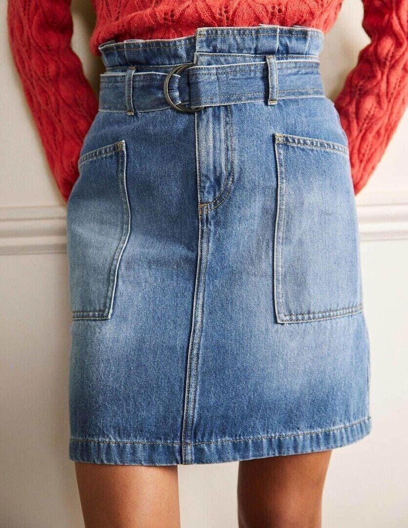 Thumbnail: BODEN Denim Paperbag Tie Mini Skirt UK 12P Belted Utility Pockets VGC R0077 S2