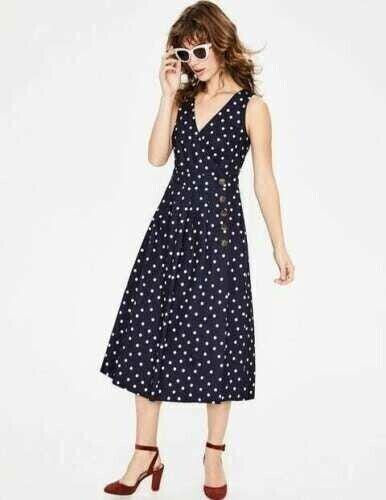 Thumbnail: Boden Arwen Midi Dress Navy Polka Dot Size Uk 22L W0321 Brand New D16