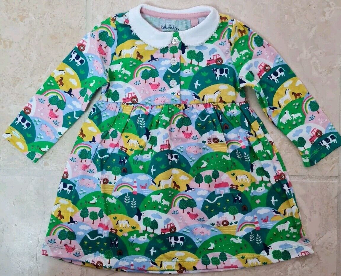 MINI Boden BABY Long Sleeve Jersey Collared Dress Multi Coastal Farm brand new