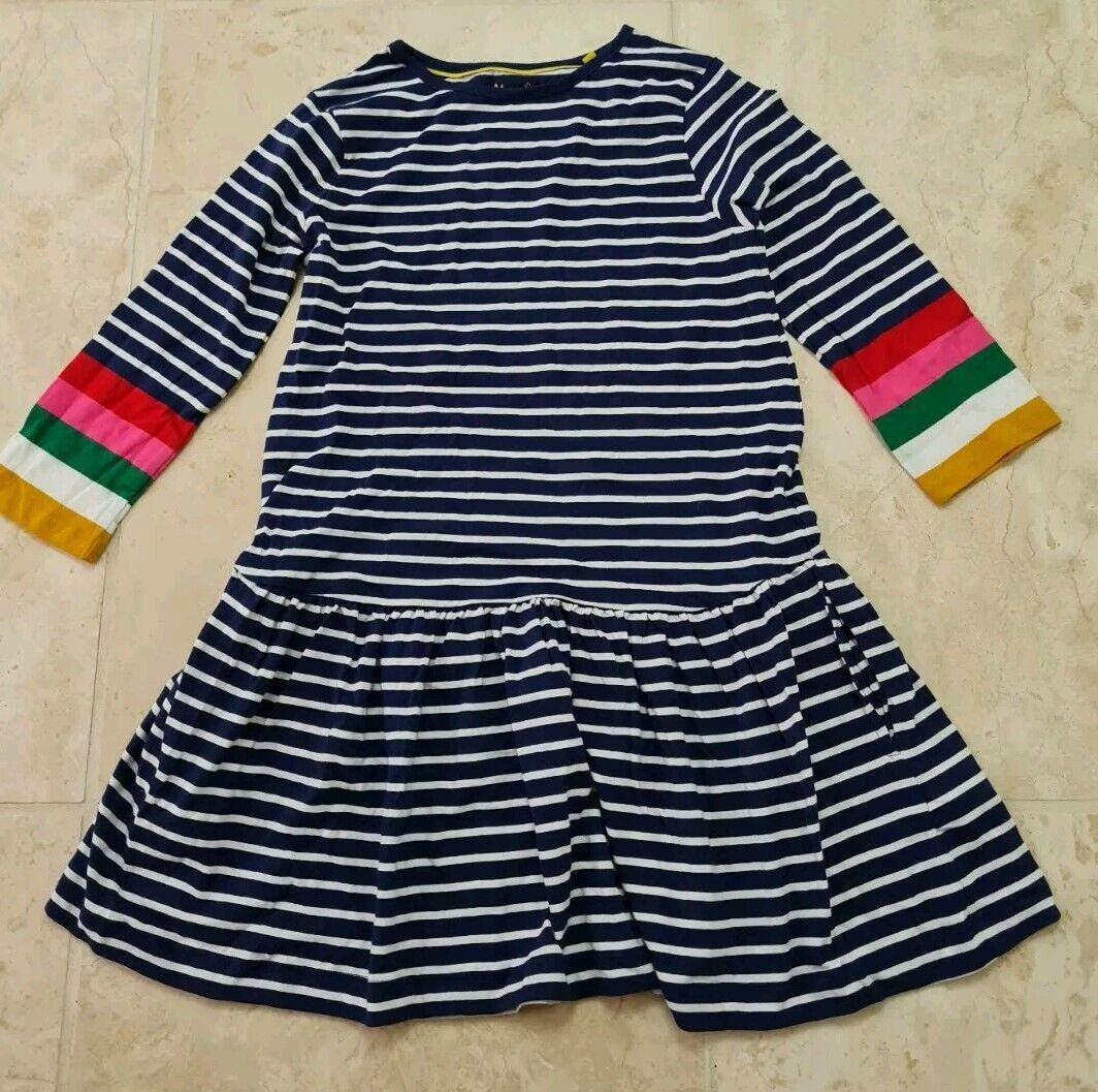 Mini Boden Girls Blue Stripe Fun Pocket Jersey Dress Age 9-10 Years Brand New