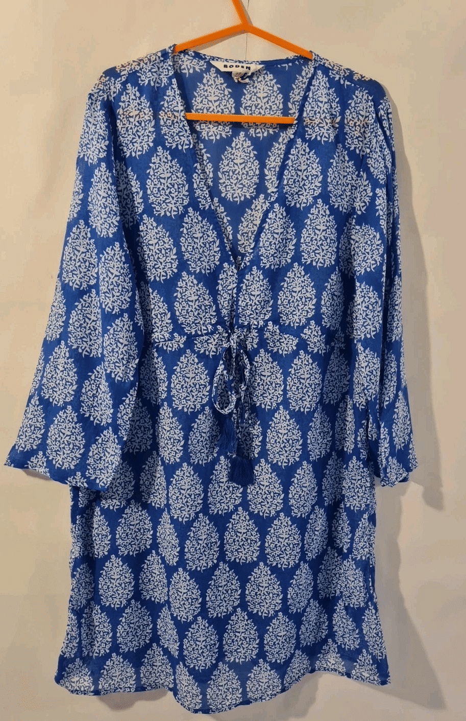 Thumbnail: Boden Sasha Kaftan Tunic Blue Boho Pom Pom Tassel Cotton UK 8R Brand New A14