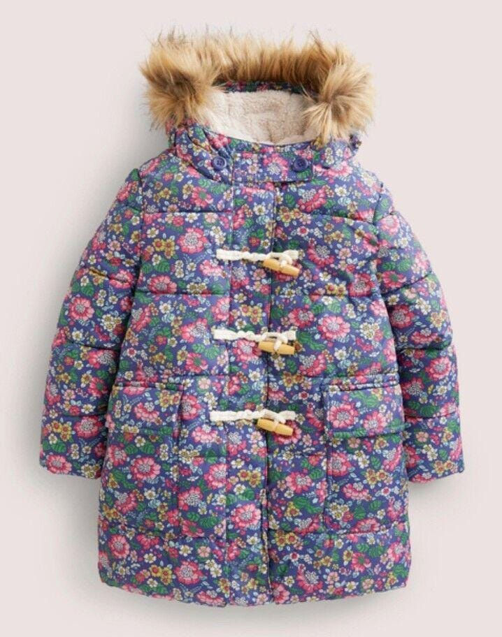 Mini Boden Fleece Lined Hooded Puffer COAT Starboard Vintage Floral 13-14 Y NEW