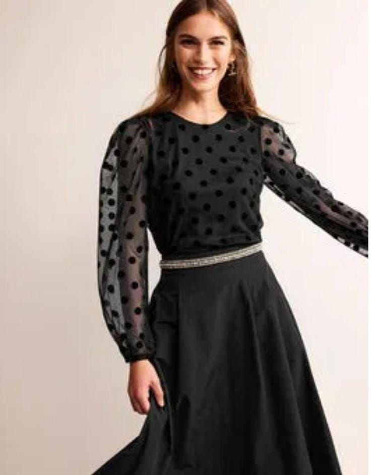 Boden Puff-Sleeve Spotty Tulle Top Black T1498 Size Uk 8 Brand New T30
