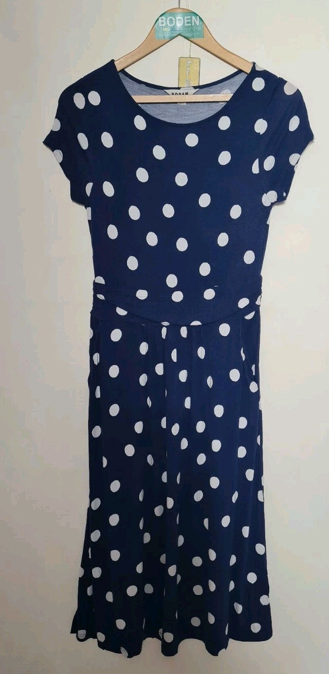 BODEN Ladies Amelie Jersey Dress Blue Polka Dot J0326 SIZE UK 8L Preloved T11