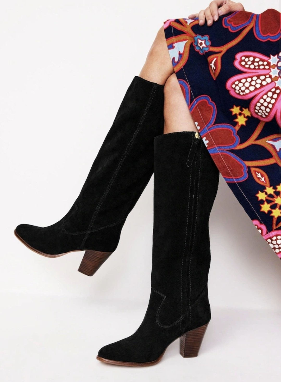 Boden Suede Leather Black Almond Toe Heeled Knee High Boots 42/8.5 Brand New H7