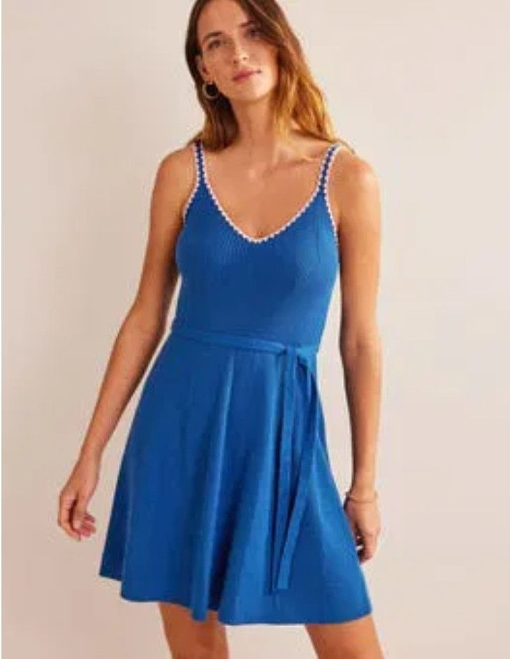 BODEN Crochet-Trim Knitted Dress Blue D0687 Size UK 18R Brand New A17