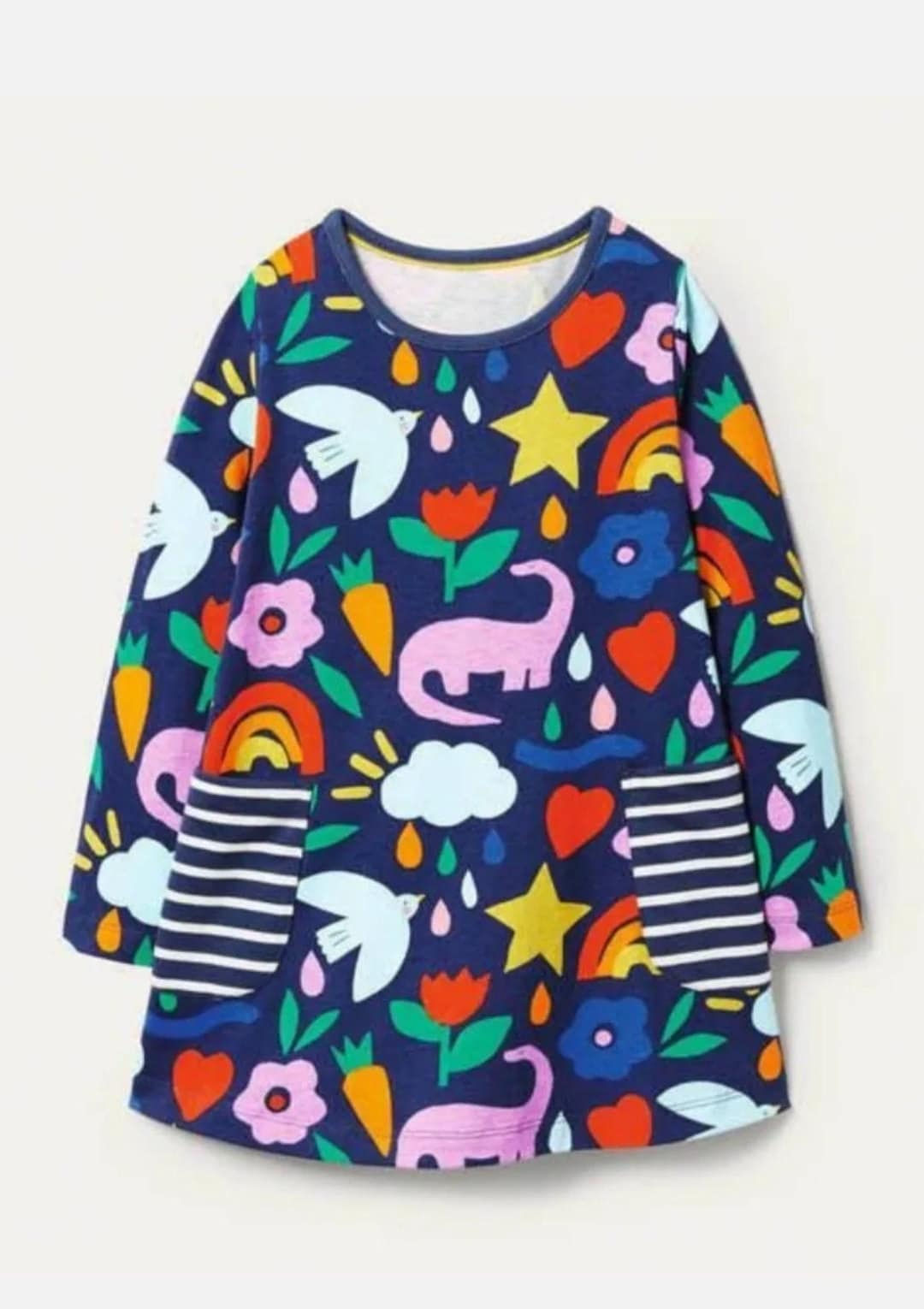 MINI BODEN girls Jersey DINO Printed Tunic Dress With Pockets navy brand new