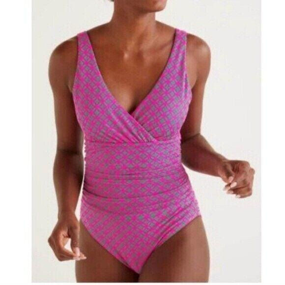 Thumbnail: Boden Talamanca pink green geometric print ruched SWIMSUIT S0041 UK 6R NEW B2