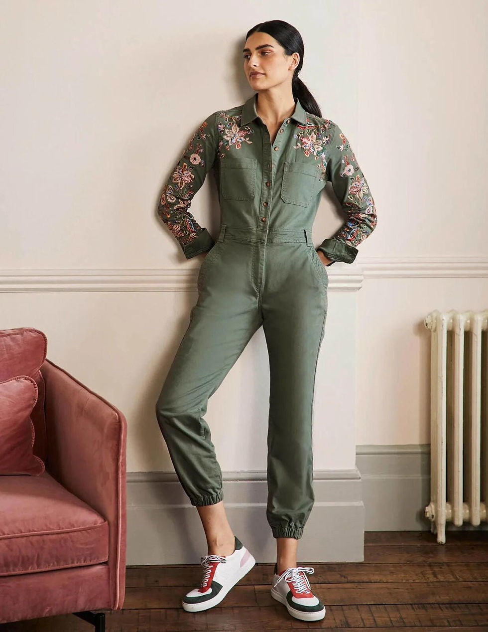 Thumbnail: Boden Carly Jeans Jumpsuit Green Embroidered Size Uk 8T Brand New D0099 P3