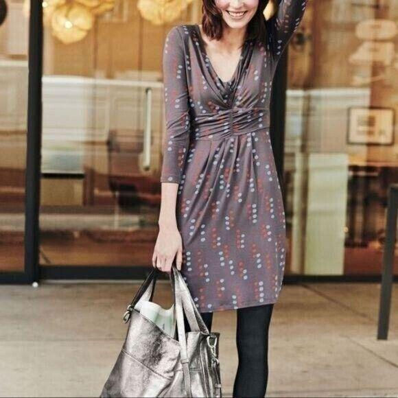 Boden Gathered Band Tunic Dress Pewter with blue-red polka dots WL846 UK 12R D17