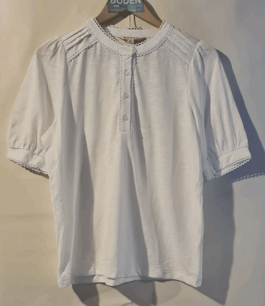 Thumbnail: BODEN Pintuck Puff Sleeve Henley Top White RRP £42 T1613 UK 14 Brand New A18
