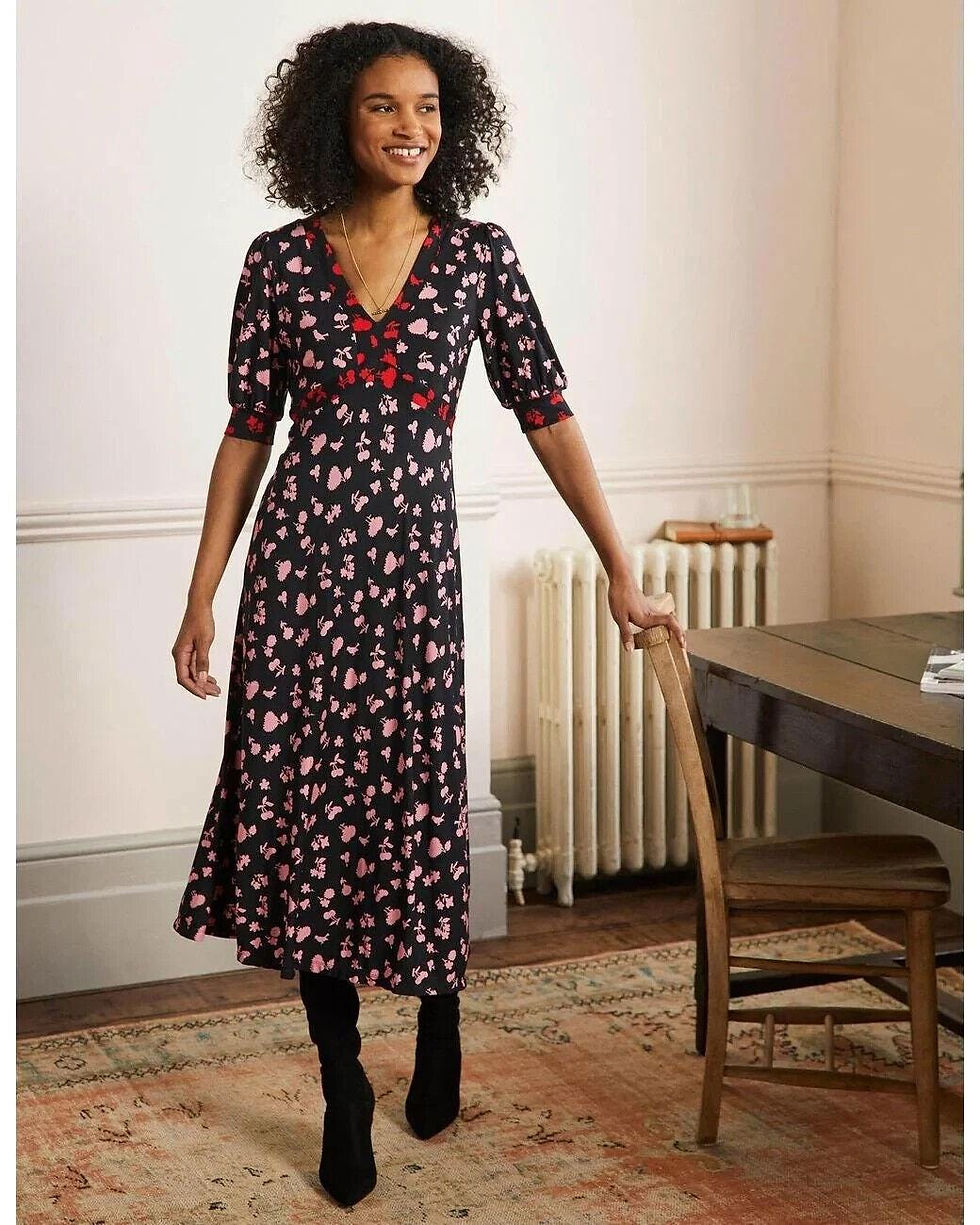 Thumbnail: Boden Eva Jersey Midi Dress Black&Formica Woodland Bud Uk 8R Brand New D0024 D21