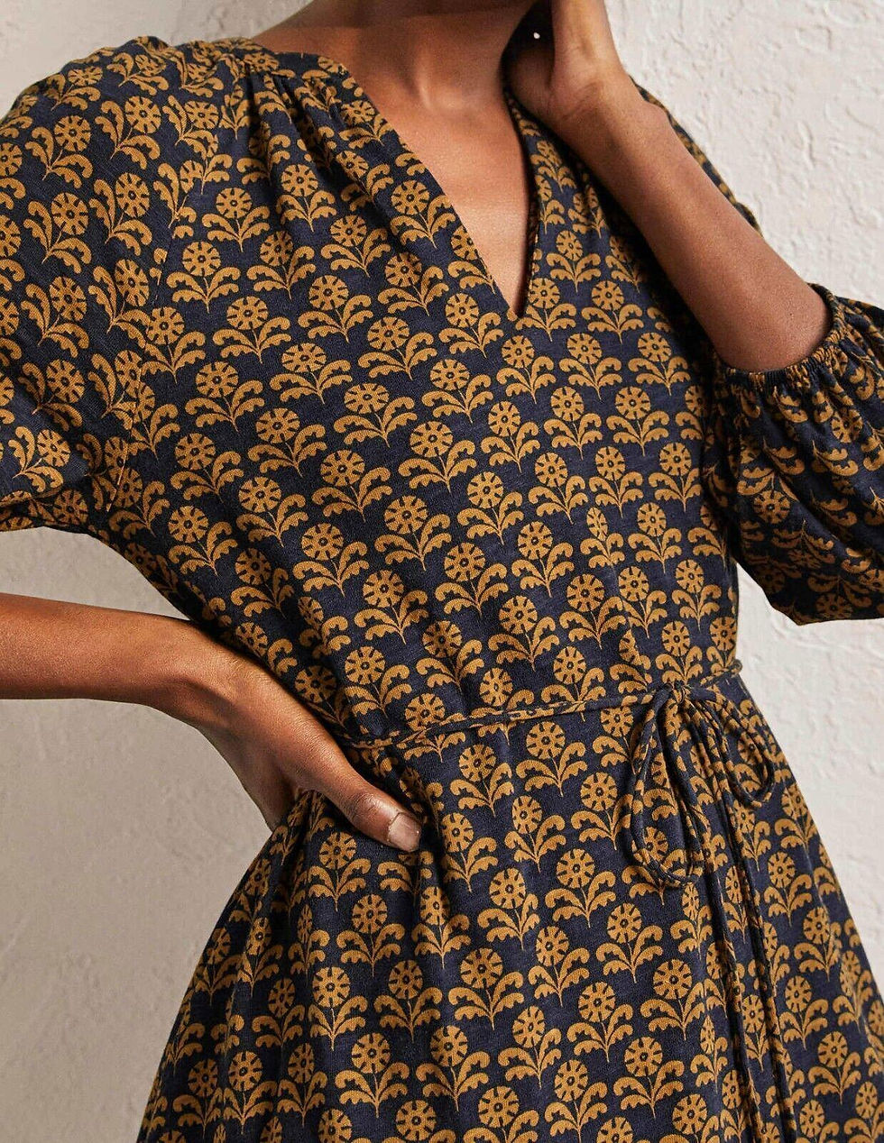 Thumbnail: BODEN Notch Neck Jersey Mini Dress Frankincense Leaf Geo UK 8P VGC D0079 D26