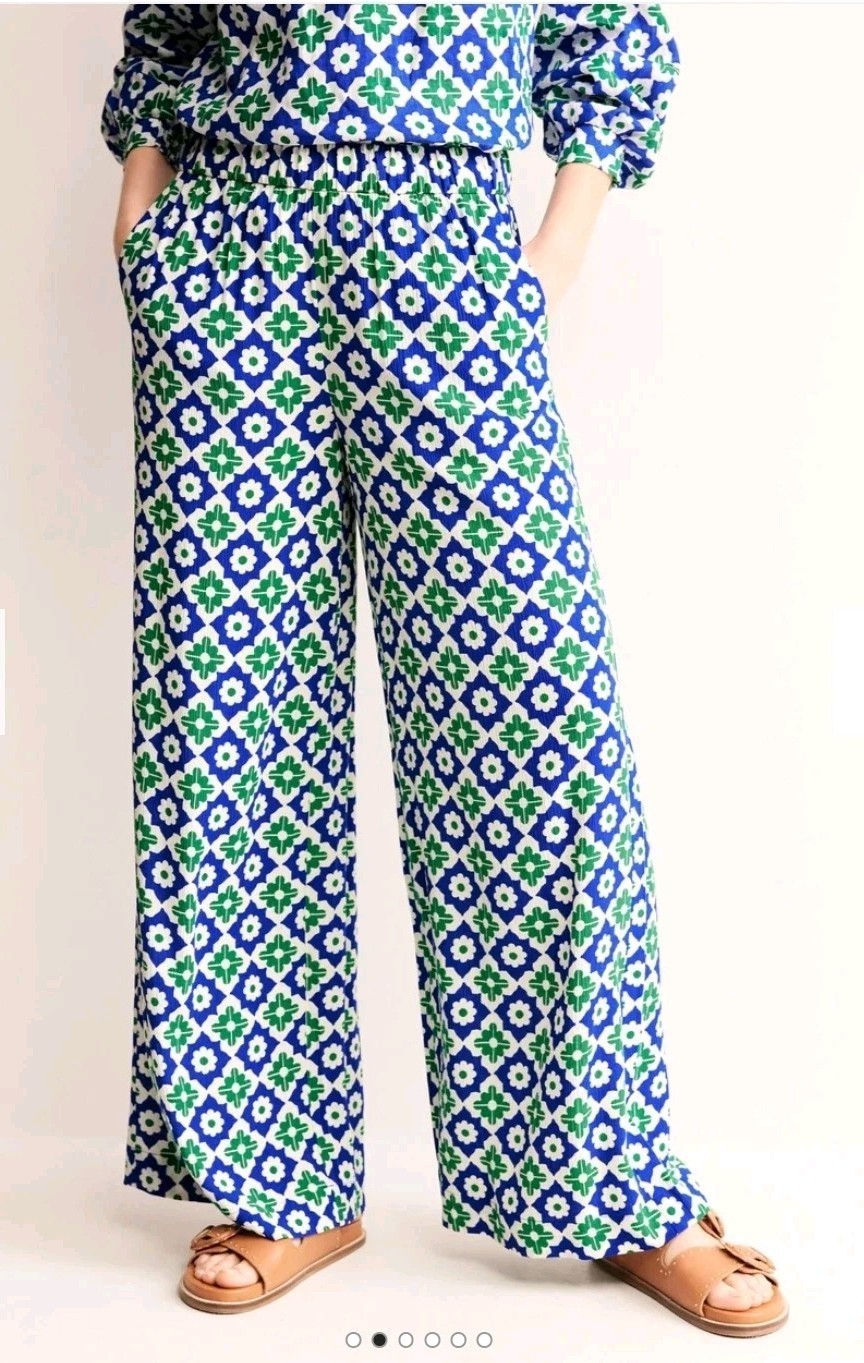Boden Crinkle Wide Trousers Green Tambourine Geometric R0525 UK 6 Brand New A3