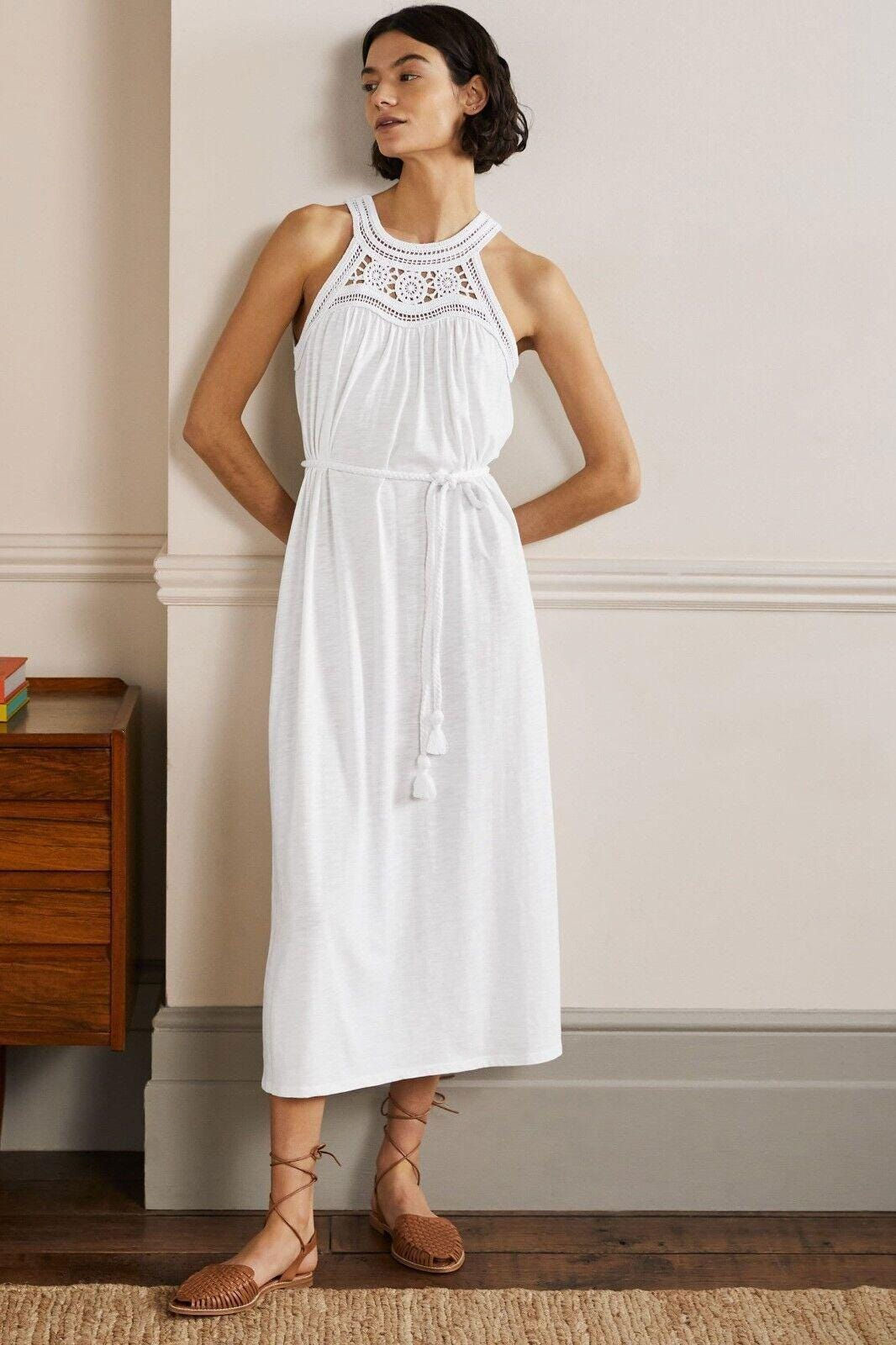 Boden Anais White Jersey Crochet Midi Dress Size Uk 14R Brand New D0164 D21
