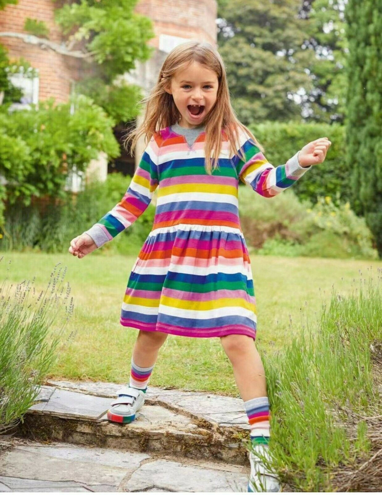 Mini Boden GIRLS Jersey LONG SLEEVE Dress POCKET MULTI STRIPE BRAND NEW G2222