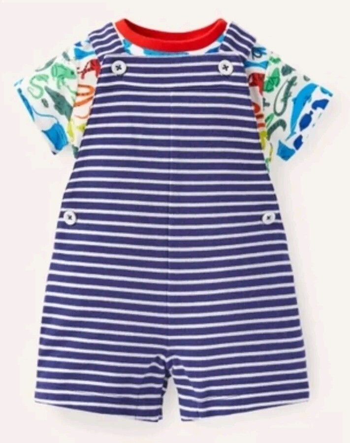 Thumbnail: Mini Boden Baby COTTON Jersey 2pc Navy Stripe Dungarees 12-18 MTHS BRAND NEW  Y2