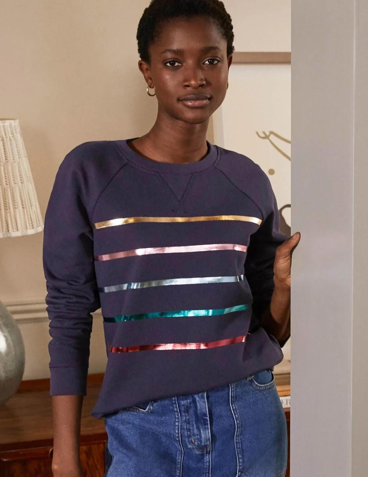 Boden Printed Cotton Sweatshirt Navy Multi Foil Stripe Xs Brand New Sample T1