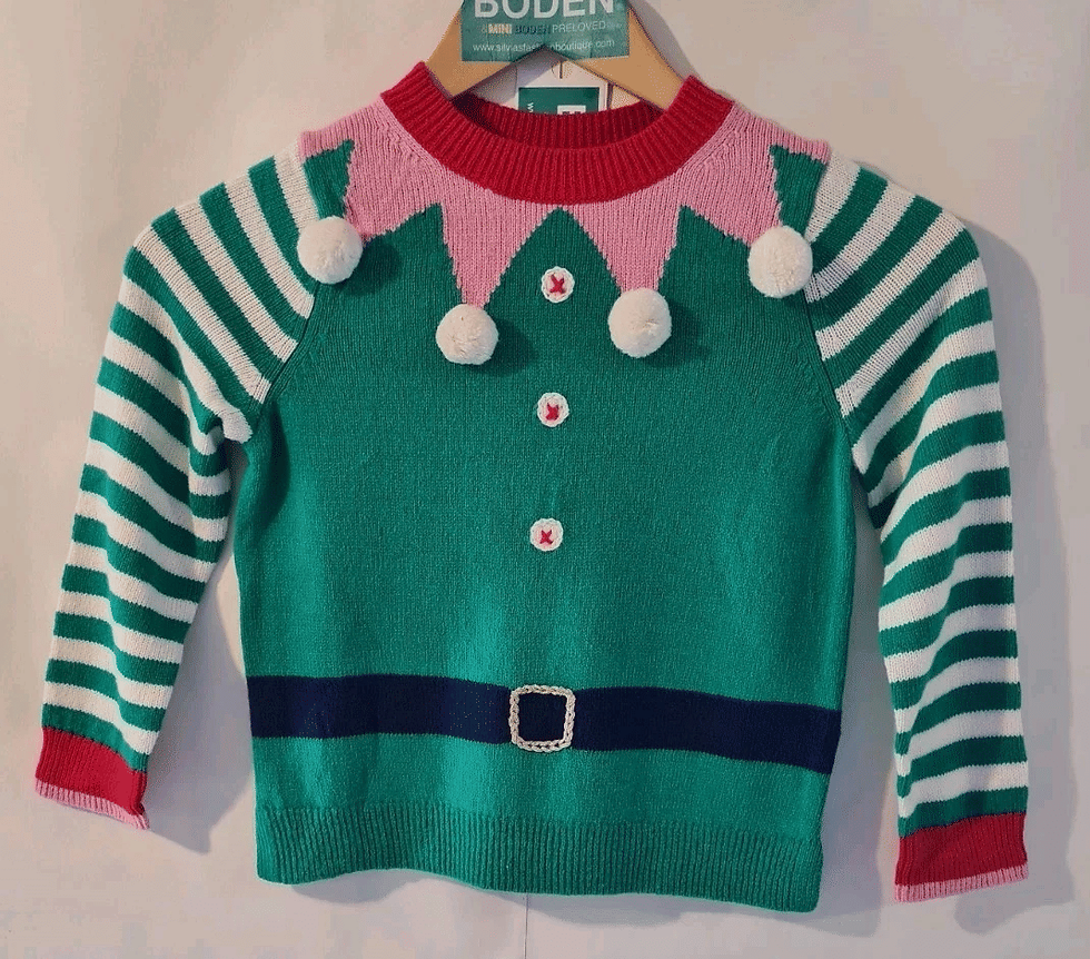 Thumbnail: Mini Boden Girls Stripe Elf Pompom Christmas Jumper Age 5-6 Years Brand New G14