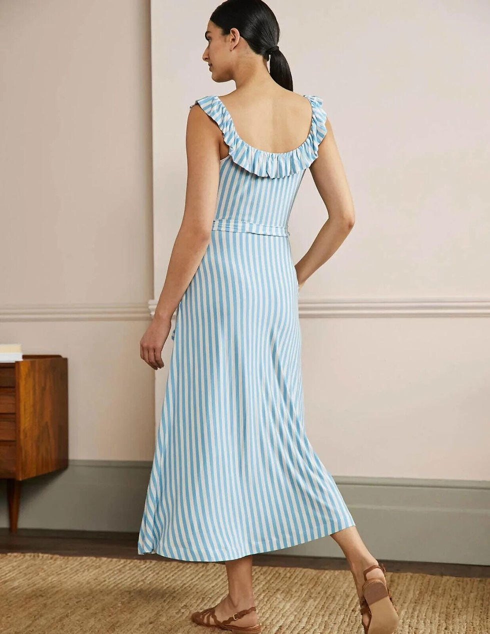 Thumbnail: Boden Ruffle Neck Jersey Midi Dress Dusty Blue Stripe Uk 16L Brand New D0144 D19
