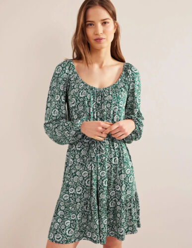 Thumbnail: BODEN Scoop Tiered Jersey Mini Dress Bottle Green Bloom Cascade UK 8L NEW D35