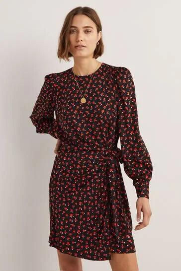 Boden Wrap Skirt Mini Dress Uk 20L Black&Red Tulip Charm D0394 Brand New D29