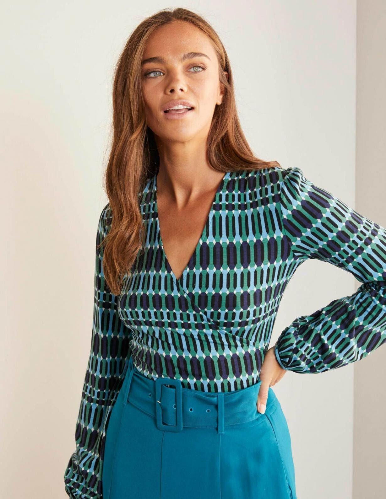 Boden Elodie Wrap Top Jersey Sage Green Crystals J0245 Uk 6 Brand New T15