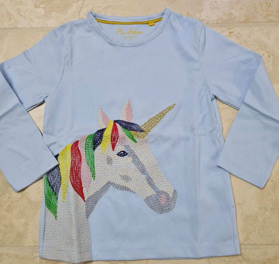 Mini Boden Girls Long Sleeve Superstitch T-Shirt Provence Blue Unicorn Brand New