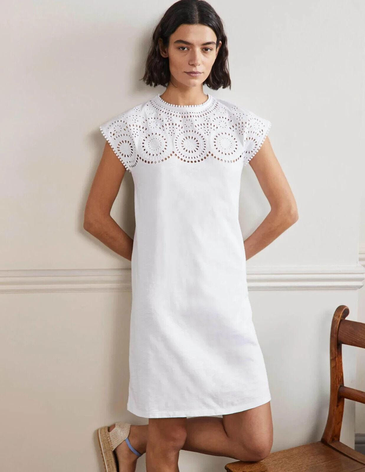 Boden Cutwork Jersey T-Shirt Dress White D0155 Size Uk 20L Brand New D21