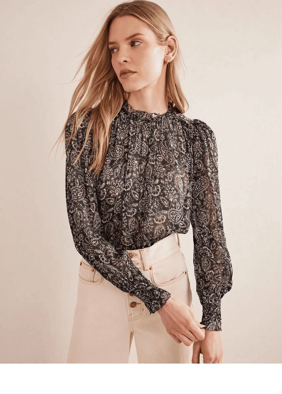 Thumbnail: BODEN black patterned open back ruffle Detail Swing top UK 20 NEW T1231 A15