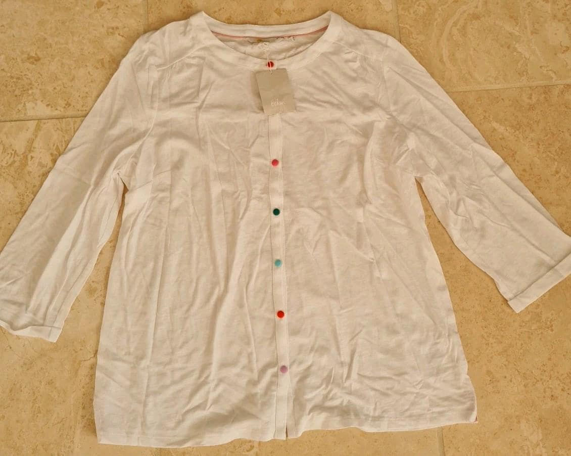 BODEN Sasha Jersey Shirt UK 18 White Multicolour Buttons Top Brand New J0613 T25