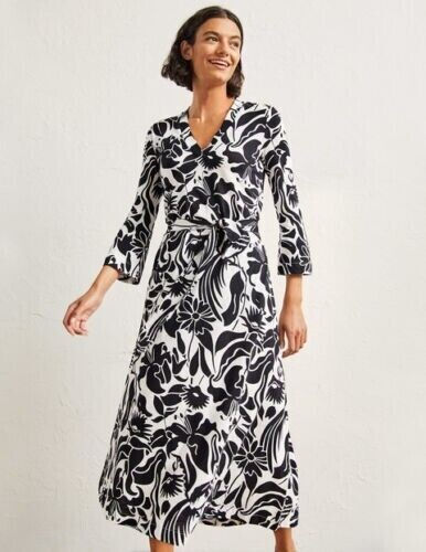Boden Jersey Kaftan Midi Dress UK 10R black oriental bird D0076 BRAND NEW D48