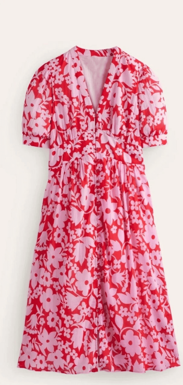 Thumbnail: Boden Elsa Crinkle Midi Tea Dress Flame Scarlet Tulip Garden UK 10R New A12