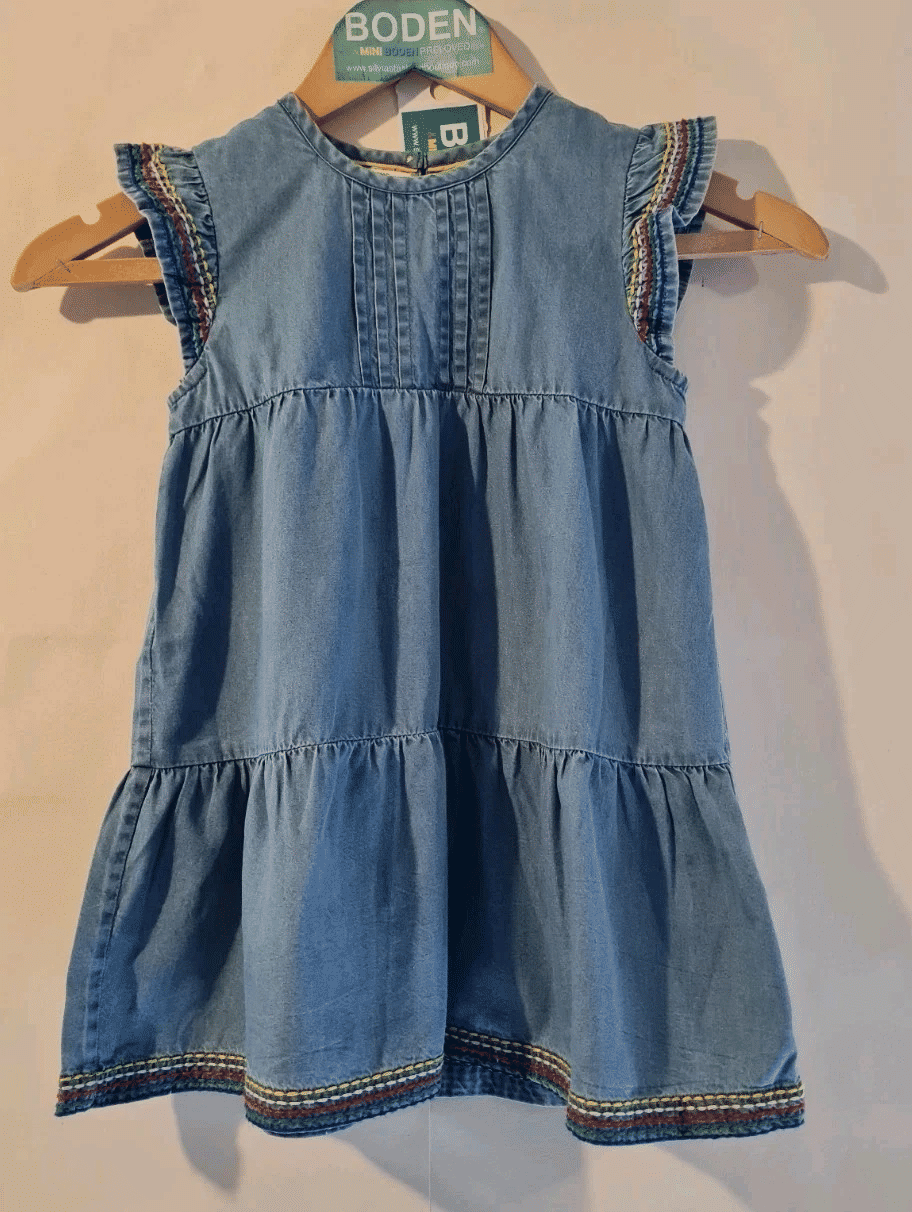 Thumbnail: Mini Boden Rainbow Stitch Woven Tunic Dress Chambray 5-6Y Brand New SAMPLE G14