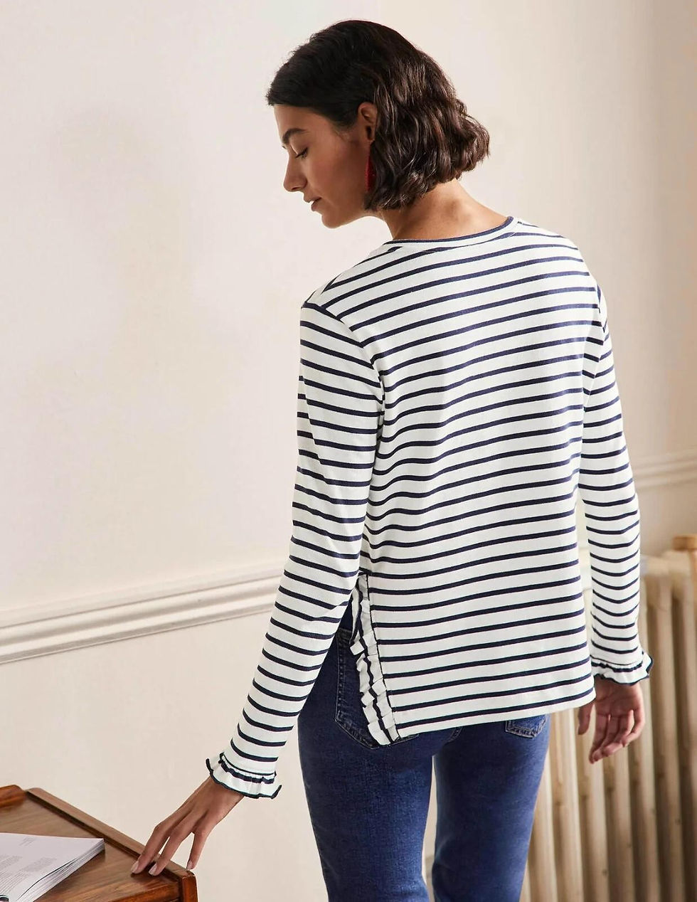 Thumbnail: BODEN Frilled Side Split Jersey Top Ivory/Navy Stripe UK 10 EXCELLENT T0883  J7