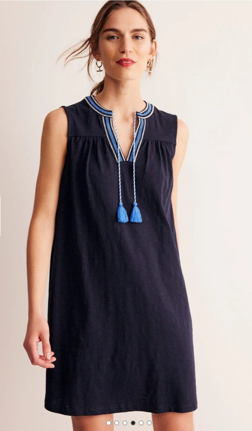 Boden Nadine Notch Cotton Dress Navy D1005 Size UK 12L Preloved A4