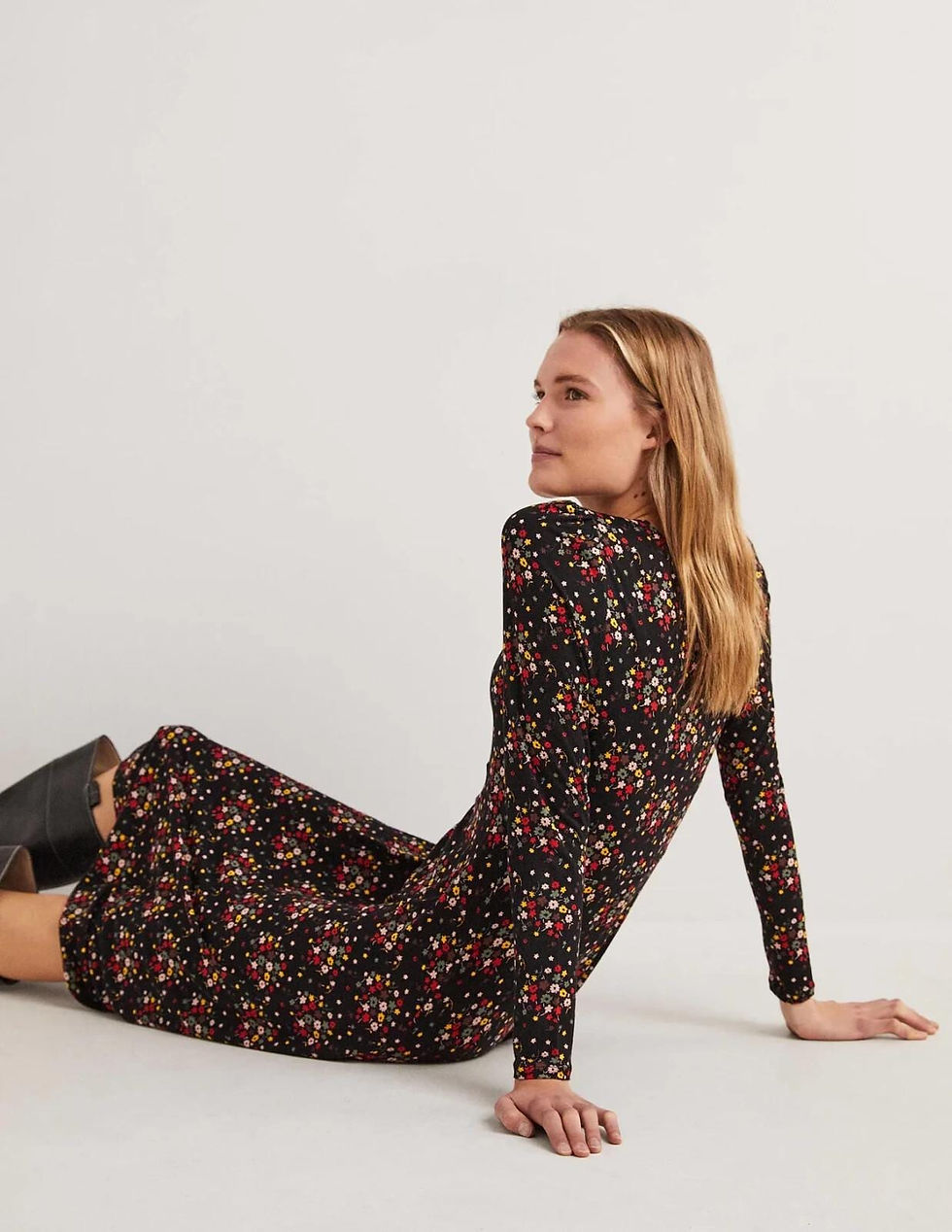 Thumbnail: Boden Crew Neck Jersey Midi Dress Black Dotty Sprig Uk 20L D0338 Brand New D28