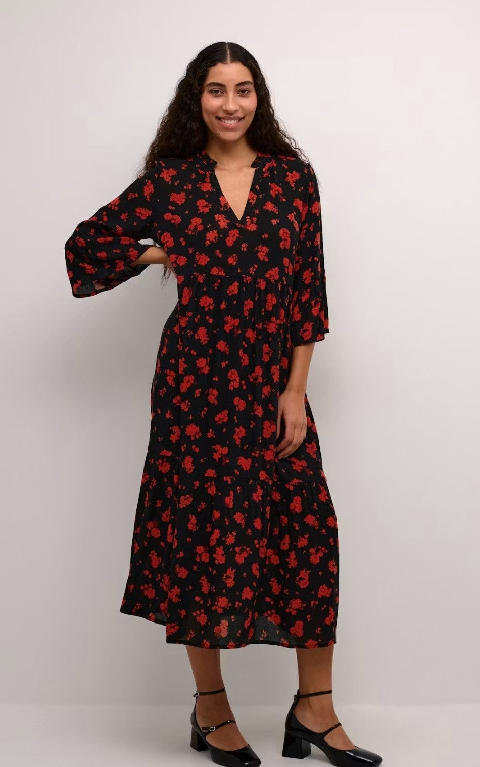 Kaffe KAamber Midi Dress Black Red Floral Print Size UK 10 Brand New