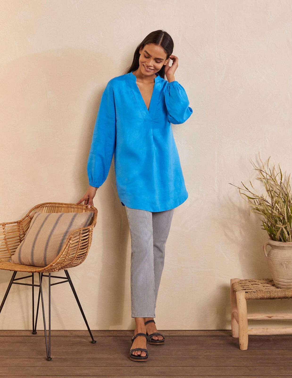 BODEN Hannah Linen Shirt TUNIC Moroccan Blue SIZE UK 8L W0739 BRAND NEW D24