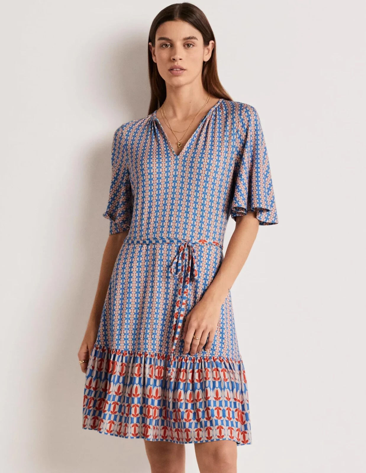 BODEN Notch Neck Tiered Jersey Dress Mosaic Blue £80 UK 8R NEW SAMPLE D53
