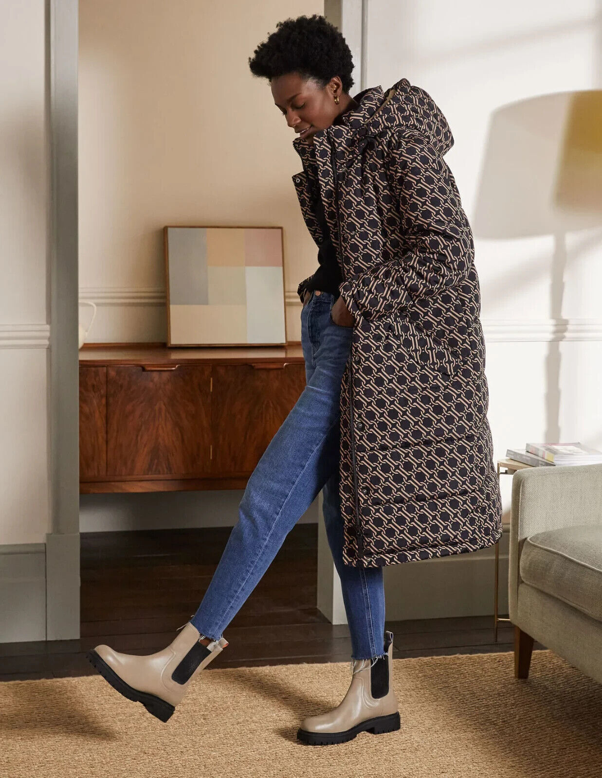 BODEN Skye Puffer Coat Black Chain Geo Large SIZE UK 6R BRAND NEW RRP £230 C2