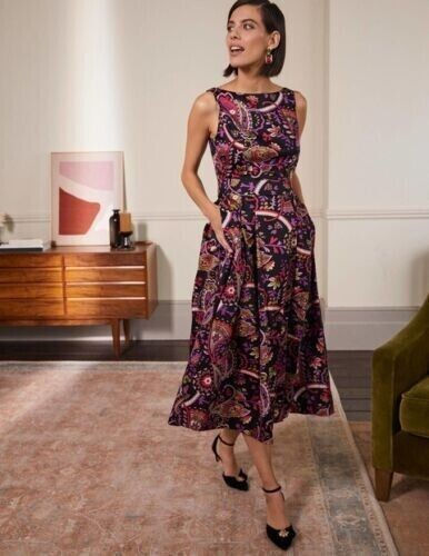 BODEN Scoop Back Fit & Flare Dress NAVY FLORAL RRP £180 SIZE UK 10 VGC D0104 D26