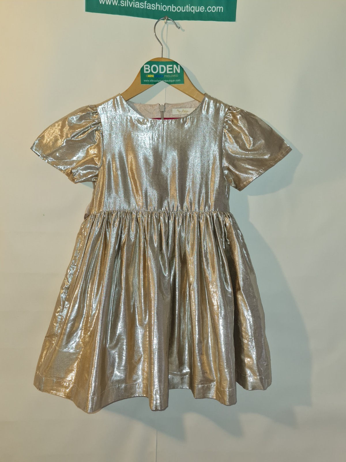 Mini Boden Girls Metallic Gold Bow Party Dress Age 5-6 Years Brand New G9