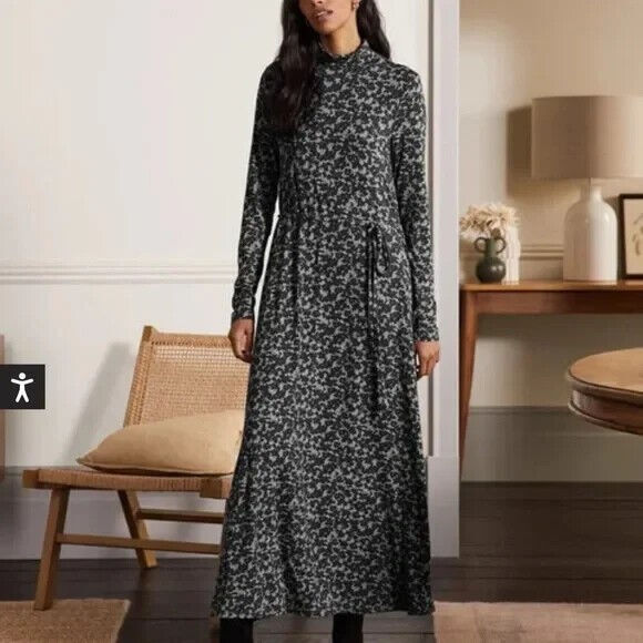 BODEN Roll Neck Jersey Midi Dress UK 12R Grey Black Floral Long Sleeve NEW D13