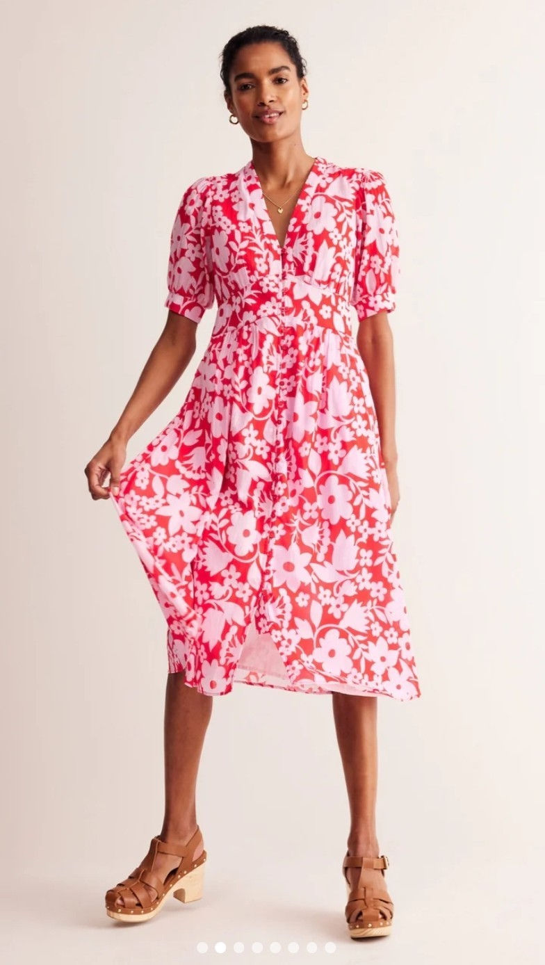 Boden Elsa Crinkle Midi Tea Dress Flame Scarlet Tulip Garden D0932 UK 14R A27