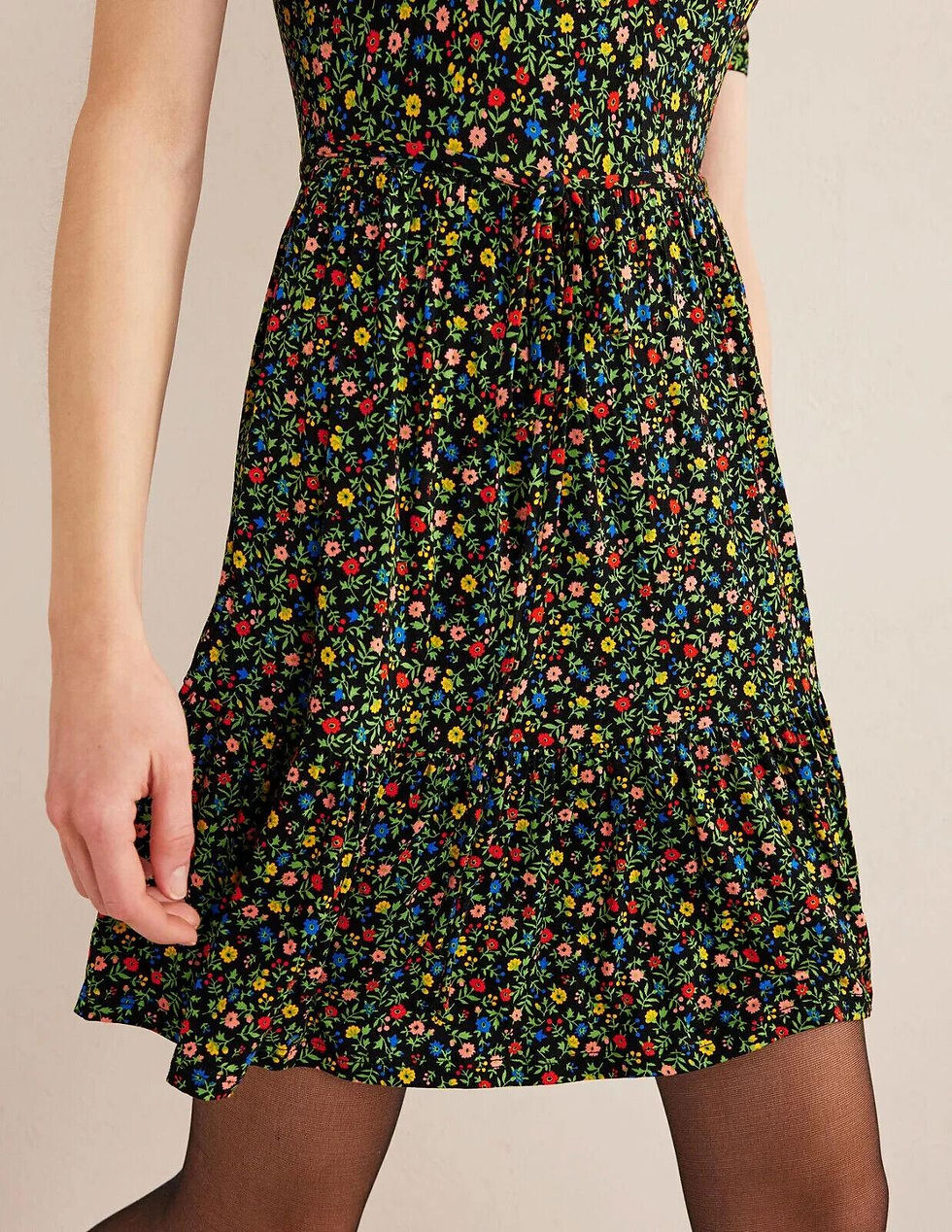 Thumbnail: Boden Ruched Bust Jersey Mini Dress Black Petal Foliage Uk 10P Brand New D28